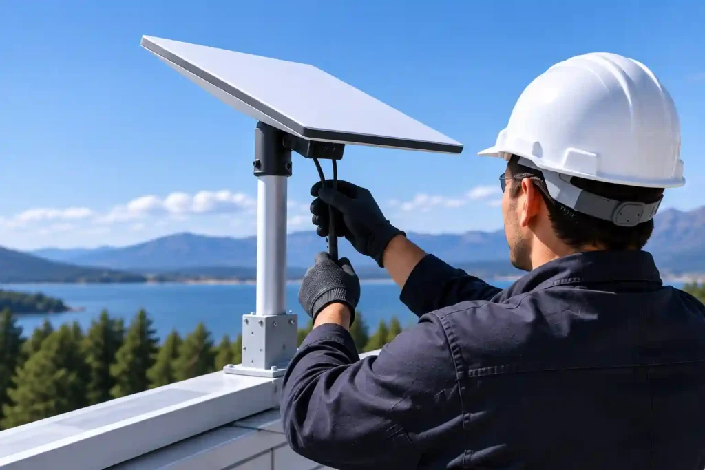Professional installer setting up Starlink accessories and mounting hardware