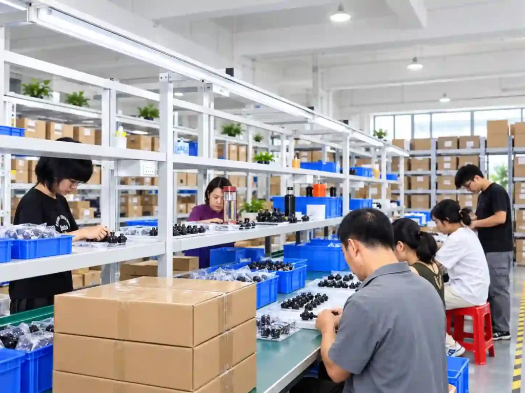 Workers assembling Starlink-compatible accessories in a standardized manufacturing workshop